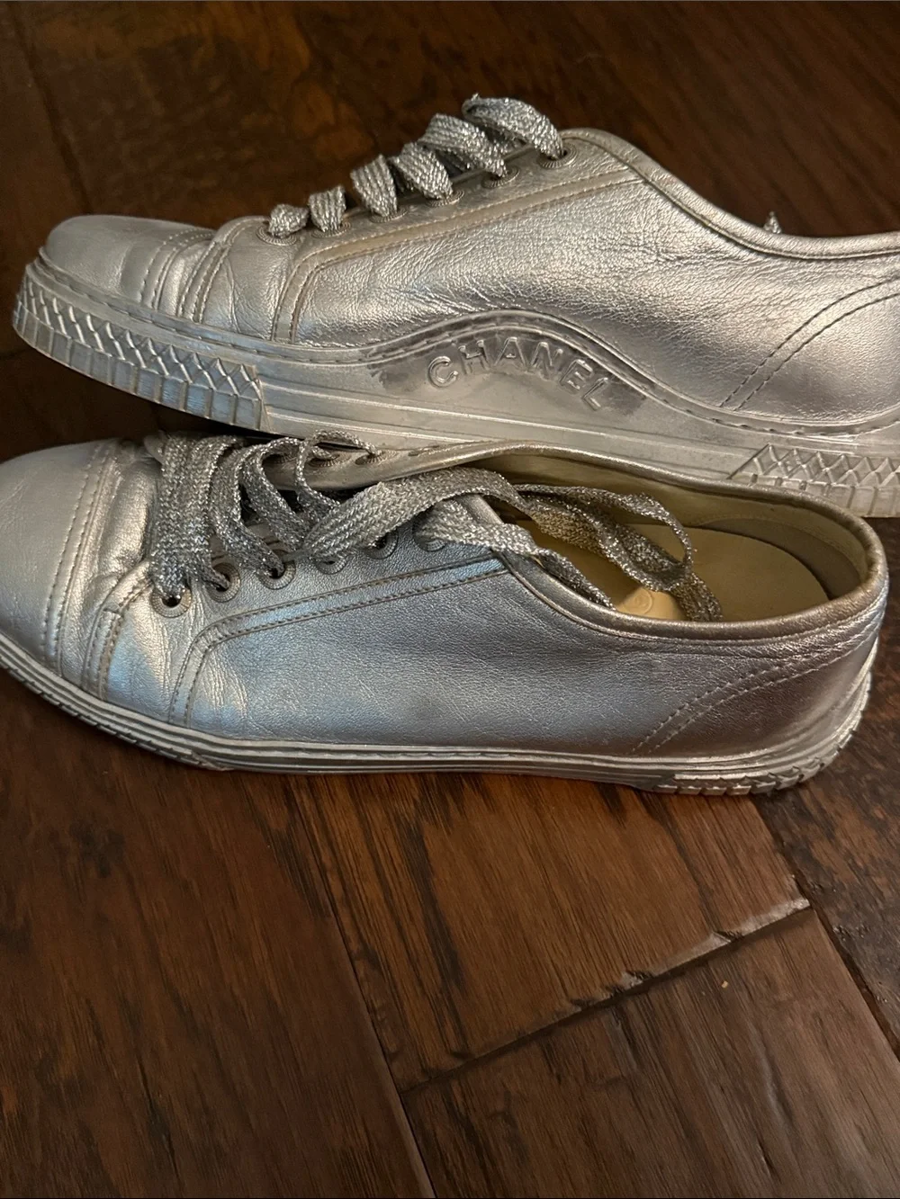 CHANEL Metallic Silver Leather Sneakers with Glitter Laces